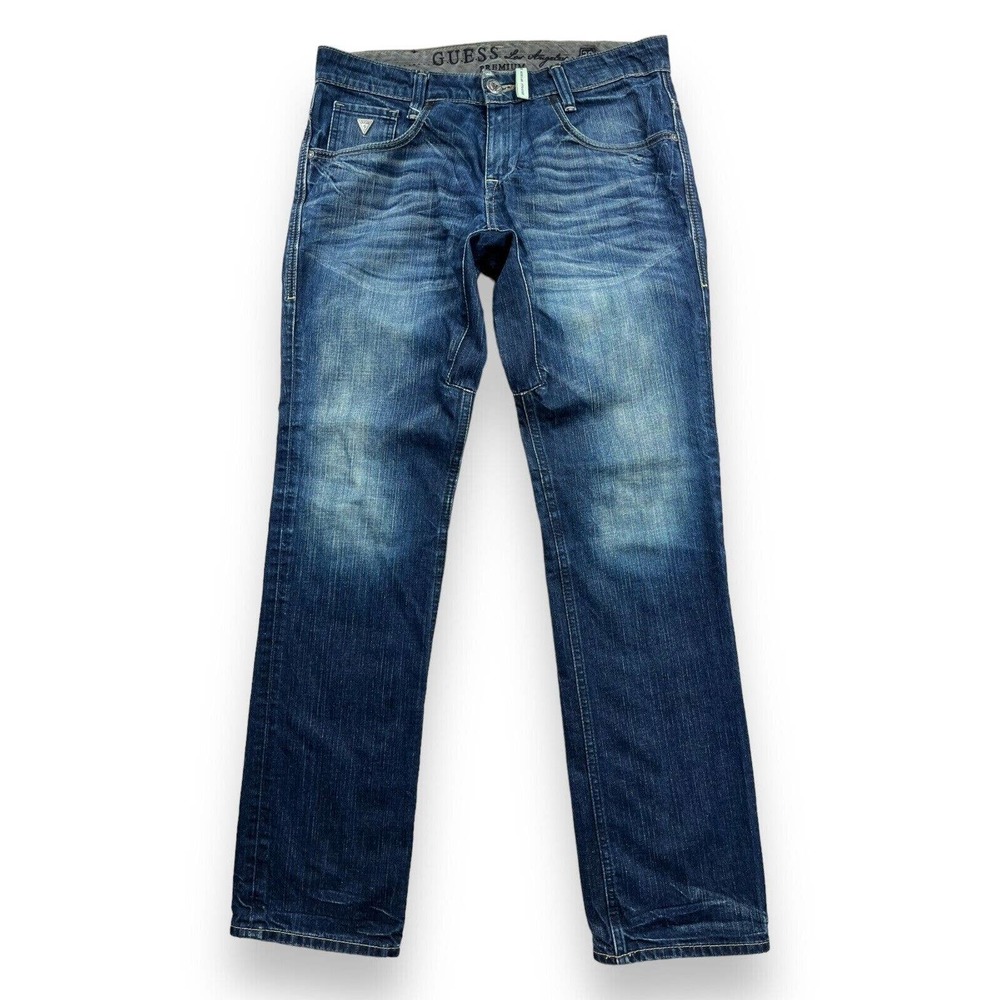 Guess Outlaw Regular Straight 32 Biker Jeans Blue Denim Y2K Distressed (35 x 33)